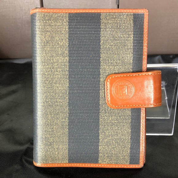 FENDI PEQUIN PECAN Striped Agenda Binder Passport Holder Credit Card Wallet MINT - Picture 1 of 12
